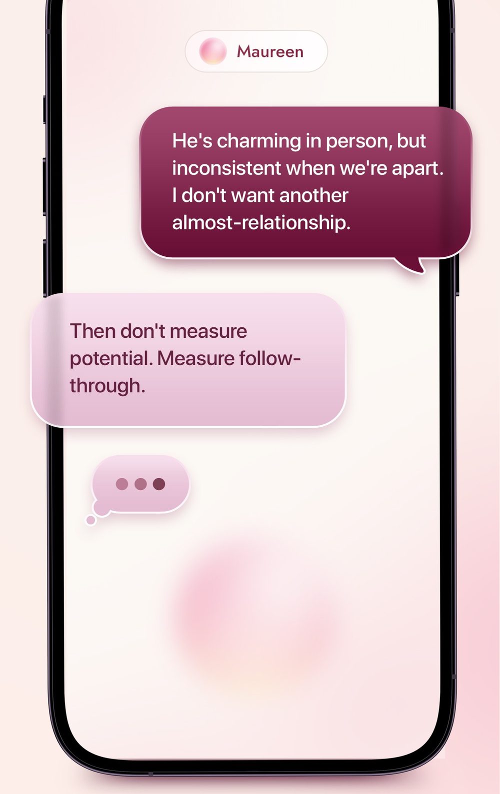 The Alora app open to a chat where Maureen gives a calm, direct read on an inconsistent guy.
