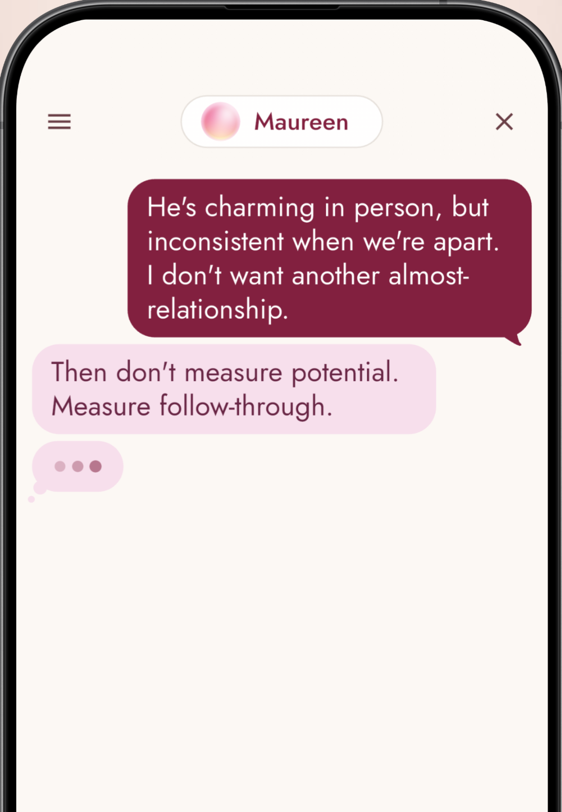 The Alora app open to a chat where Maureen gives a calm, direct read on an inconsistent guy.