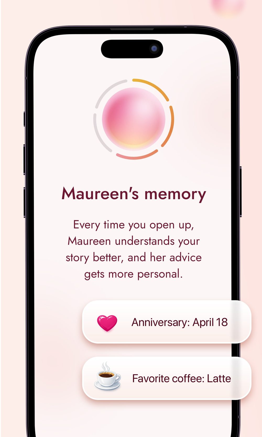 Alora's memory screen showing that Maureen remembers your situation and his pattern between conversations.