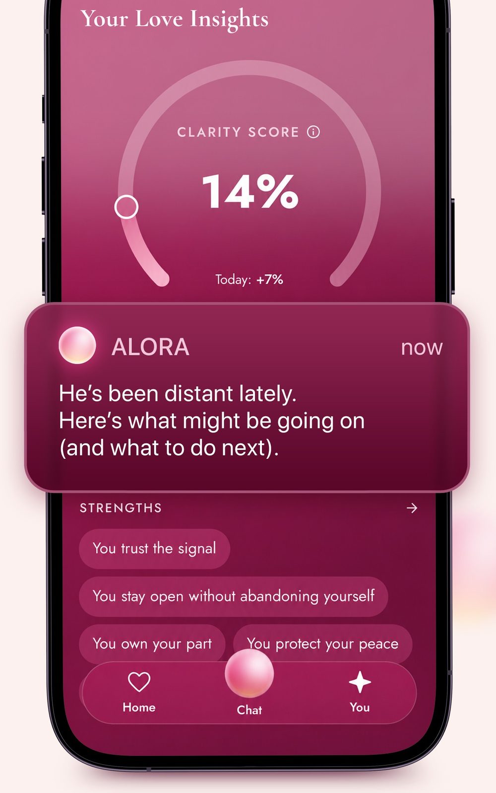 Alora's Love Insights screen with a notification from Maureen: he's been distant lately, here's what might be going on and what to do next.